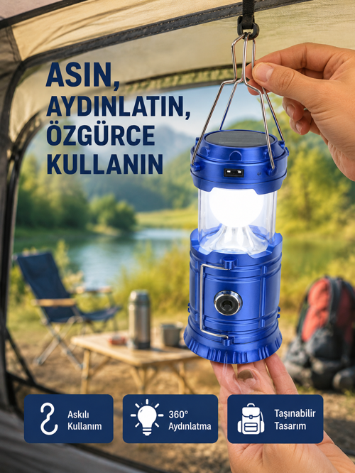 Güneş Enerjili Katlanabilir Kızaklı Kamp Feneri – USB Şarjlı, Çok Yönlü ve Dayanıklı Ta