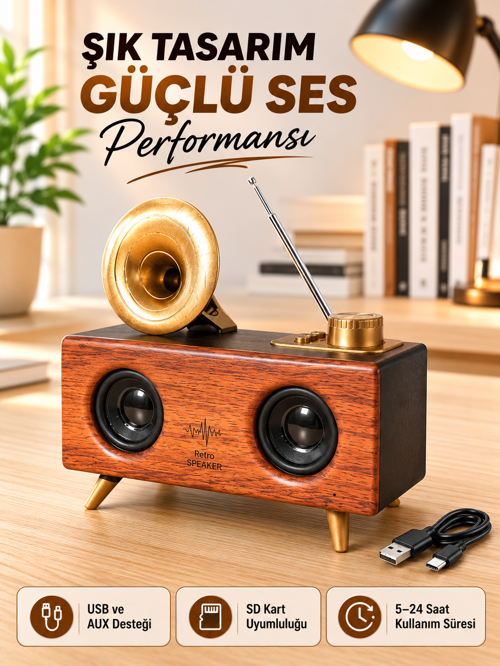 Retro Gramofon Tasarımlı Bluetooth Hoparlör – 3D Stereo Ses, 1800 mAh Batarya
