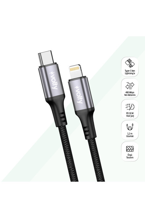 USB-C to Lightning iPhone Şarj Kablosu | 30W, 480Mbps, 1.2m, Hızlı Şarj, PD, Örgü (V0207001)