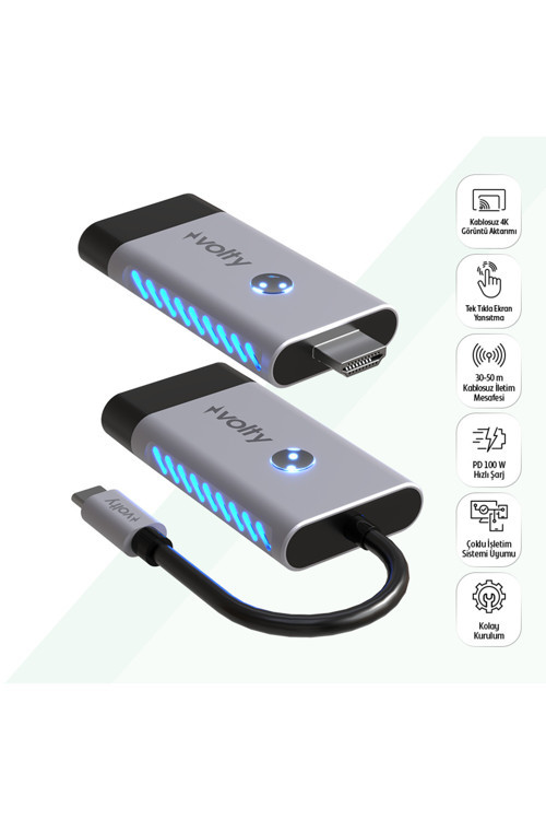 Type-C to HDMI Kablosuz Görüntü Aktarıcı 50m | 4K, 100W PD Hızlı Şarj, 5GHz (V0302002)