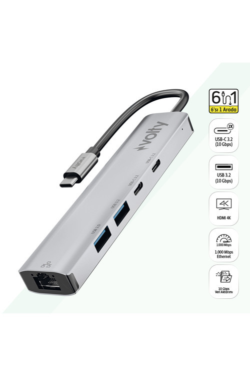 Type-C Çoğaltıcı Hub 5 in 1 | 1000Mbps Ethernet, 4K HDMI, 10Gbps, 100W PD (V0301005)