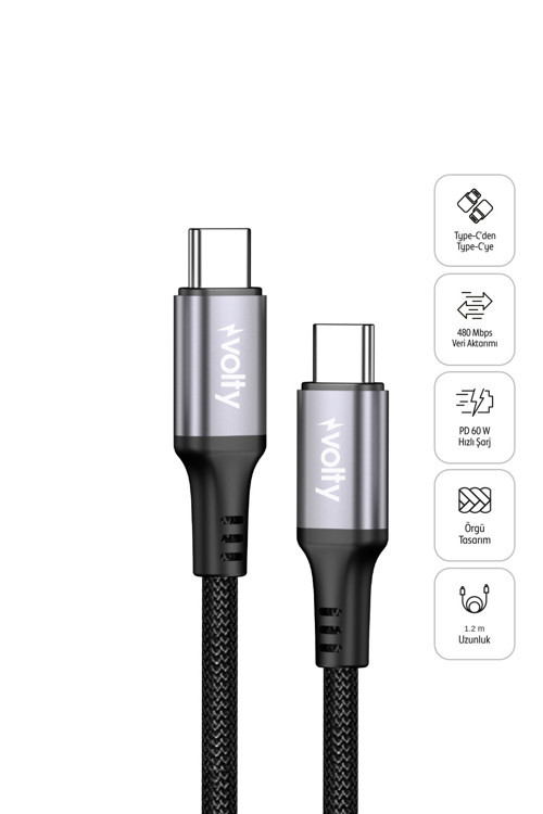 Type C Hızlı Şarj Kablosu | Type-C to Type-C, 60W, 480Mbps, 1.2m, PD, Data, Dayanıklı Örgü V0201009