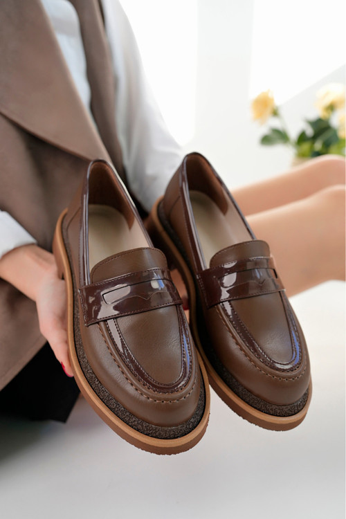 Velora Model Kahverengi Cilt Rugan Detaylı Kadın Loafer Günlük Ayakkabı Makosen