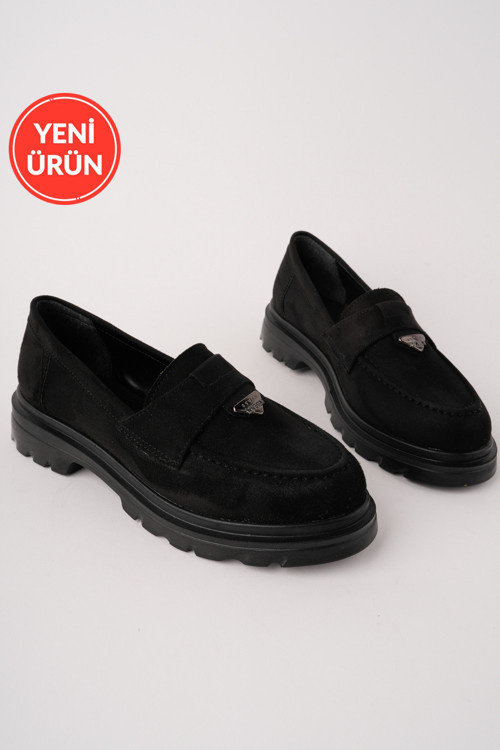 Elora Model Toka Detaylı Siyah Süet Kadın Loafer Günlük Ayakkabı