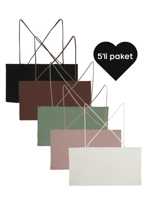 Spagetti Askı Bralet - 5'Li Paket - Siyah,Kahverengi,Yeşil,Pembe,Beyaz
