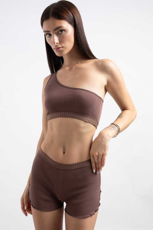 Kadın Kahverengi Pamuklu Tek Omuz Crop Top Büstiyer