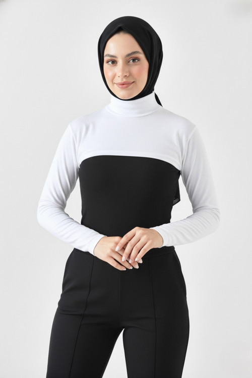 Dik Yaka Boyunluklu Kolluk Beyaz Uzun Kollu Boyunluk Tesettür Boyunluk Balıkçı Yaka Bodysuit