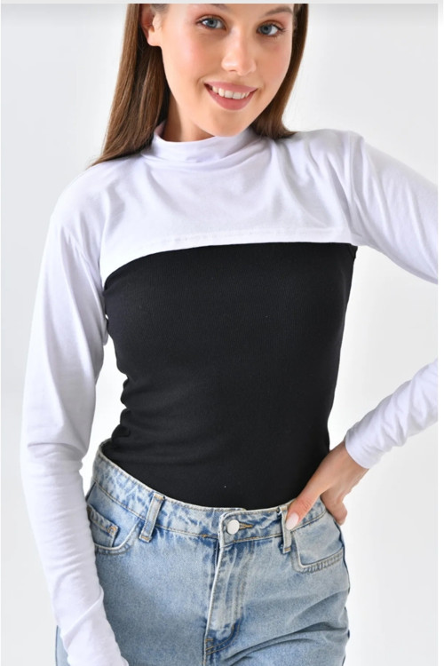 Dik Yaka Boyunluklu Kolluk - Beyaz Uzun Kollu Boyunluk Tesettür Boyunluk Balıkçı Yaka Bodysuit