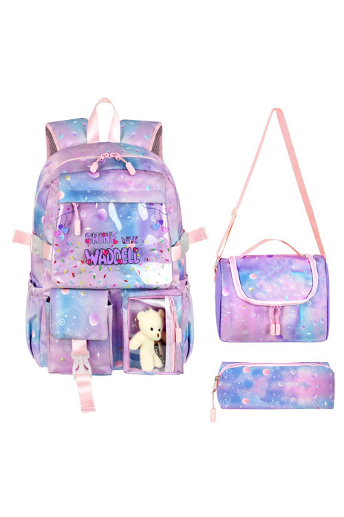 Kawaii Kore Tarzı Twil Kumaş Desenli Sırt Çantası,Beslenme Çantası Ve Kalemlikli Üçlü Set