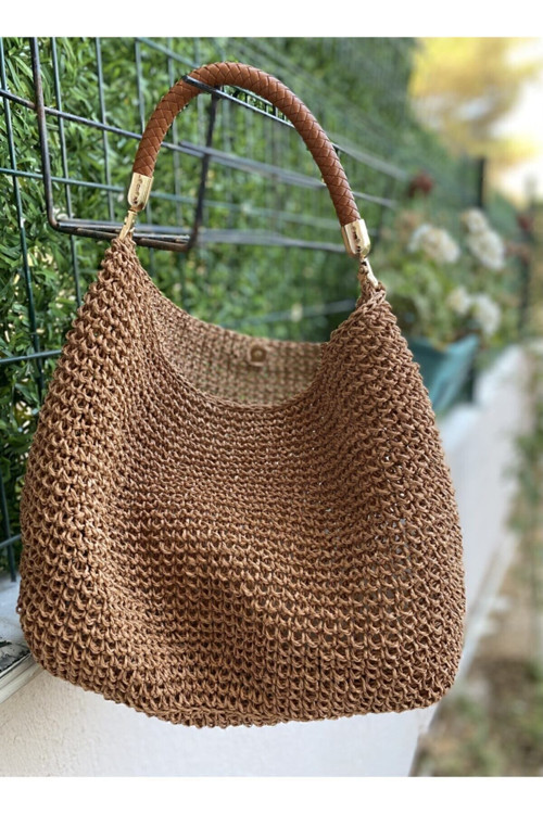 Tarçın Bowl Bag Deri Örgü Saplı Kadın Hasır Içten Astarlı Kol Çantası