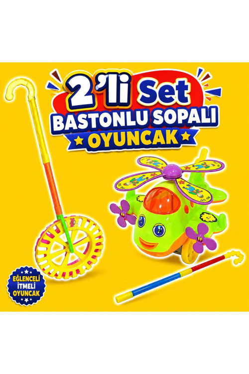 Hayu Uçak Çıngıraklı Tekerlekli Çın Çın Sürmeli Sopalı Baston Eğitici Oyuncak 2'Li Set