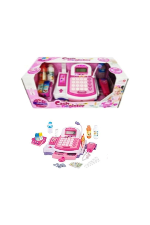 Sesli Işıklı Slip Çıkartan Pilli Yazar Kasa Market Oyun Seti 20 Cm Pembe