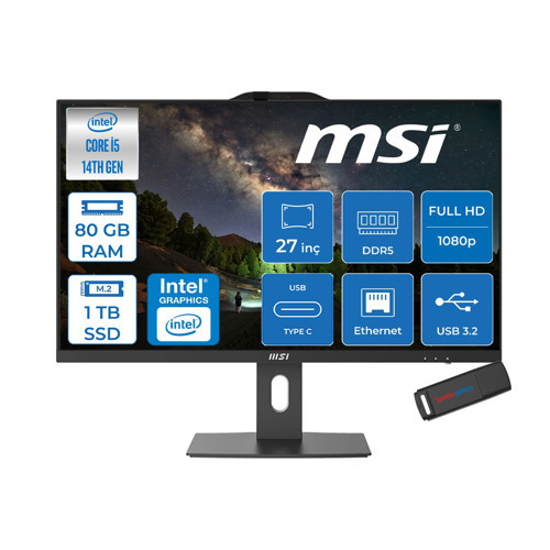 Pro AP272P Intel Core I5 14400 80GB Ddr5 1tb SSD Freedos 27 Inç FULLHD(1920×1080) Siyah All In One Bilgisayar 14M876XTRF33 + Zetta Flash Bellek