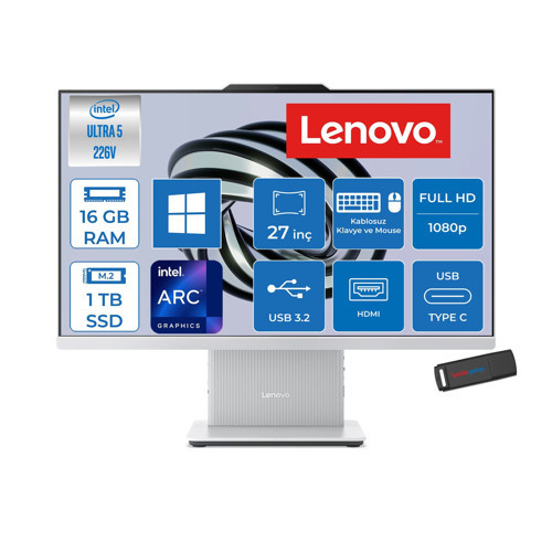 Ideacentre Aıo 27ILL11 Intel Core Ultra 5 226V Up 4.5ghz 16GB Ddr5 1tb SSD Arc™ Graphics 130V 27" Fhd IPS 300NITS Anti-Glare, 99% Srgb WIN11PRO Allınone Bilgisayar F0JW000YTRP03+ZETTAUSBBELLEK