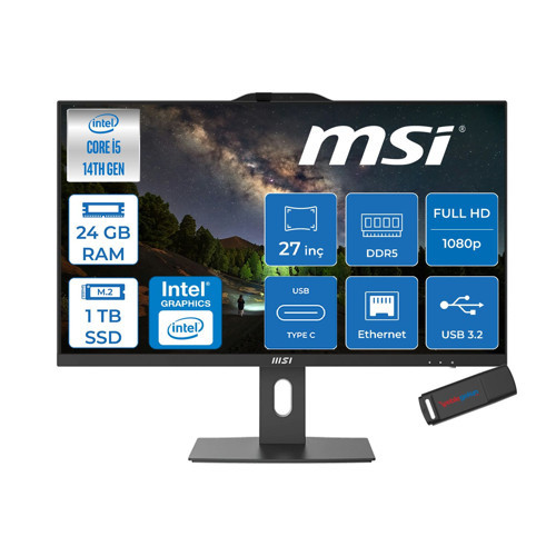 Pro AP272P Intel Core I5 14400 24GB Ddr5 1tb SSD Freedos 27 Inç FULLHD(1920×1080) Siyah All In One Bilgisayar 14M876XTRF08 + Zetta Flash Bellek