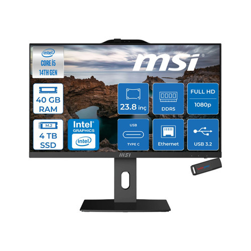Pro AP242P Intel Core I5 14400 40GB Ddr5 4tb SSD Freedos 23.8 Inç FULLHD(1920×1080) Siyah All In One Bilgisayar 14M887XTRF20 + Zetta Flash Bellek