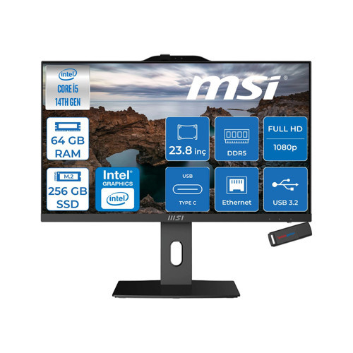 Pro AP242P Intel Core I5 14400 64GB Ddr5 256GB SSD Freedos 23.8 Inç FULLHD(1920×1080) Siyah All In One Bilgisayar 14M887XTRF26 + Zetta Flash Bellek