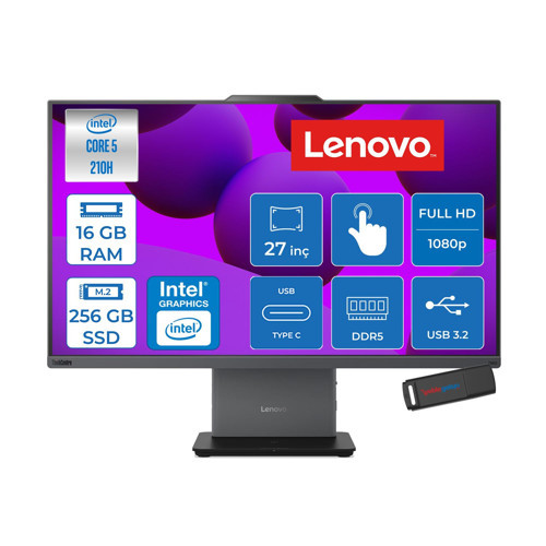 Thinkcentre Neo 50A 27 Gen 5 Intel Core 5 210H Upto 4.8ghz 16GB Ddr5 256GB SSD 27" Fhd (1920X1080) IPS 300NITS, 99% Srgb, Touch Freedos Allınone Bilgisayar 12SA002VTRF01+ZETTAUSBBELLEK
