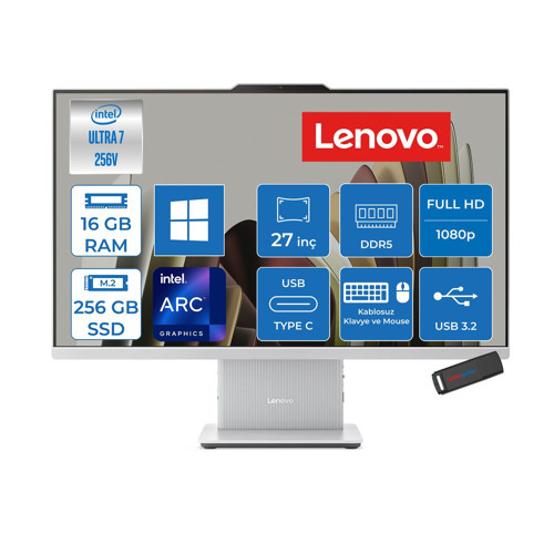Ideacentre Aıo 27ILL11 Intel Core Ultra 7 256V Up 4.8ghz 16GB Ddr5 256GB SSD Arc™ Graphics 140V 27" Fhd IPS 300NITS 99% Srgb WIN11HOME Allınone Bilgisayar F0JW0010TRH01+ZETTAUSBBELLEK