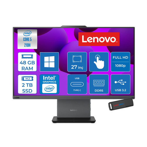 Thinkcentre Neo 50A 27 Gen 5 Intel Core 5 210H Upto 4.8ghz 48GB Ddr5 2tb SSD 27" Fhd (1920X1080) IPS 300NITS, 99% Srgb, Touch WIN11PRO Allınone Bilgisayar 12SA002VTRP19+ZETTAUSBBELLEK