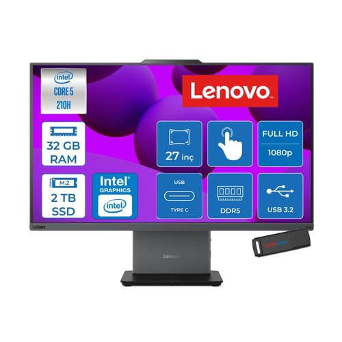 Thinkcentre Neo 50A 27 Gen 5 Intel Core 5 210H Upto 4.8ghz 32GB Ddr5 2tb SSD 27" Fhd (1920X1080) IPS 300NITS, 99% Srgb, Touch Freedos Allınone Bilgisayar 12SA002VTRF14+ZETTAUSBBELLEK