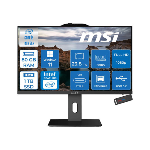 Pro AP242P Intel Core I5 14400 80GB Ddr5 1tb SSD Windows 11 Pro 23.8 Inç FULLHD(1920×1080) Siyah All In One Bilgisayar 14M887XTRP33 + Zetta Flash Bellek