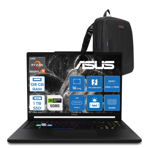 Raider A16 Hx Ryzen 9 8940HX 128GB Ddr5 1tb SSD 16GB/RTX5080/175W Freedos 16" QHD+(2560X1600) 240Hz IPS Oyuncu Bilgisayarı 008TRF50 + Zetta Çanta