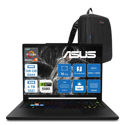 Raider A16 Hx Ryzen 9 8940HX 128GB Ddr5 4tb SSD 16GB/RTX5080/175W Windows 11 Home 16" QHD+(2560X1600) 240Hz IPS Oyuncu Bilgisayarı 008TRH46 + Zetta Çanta