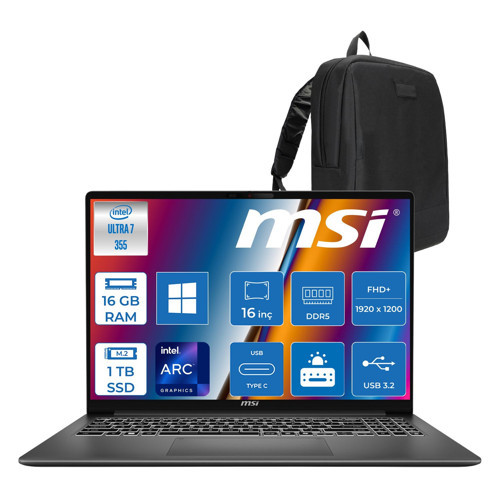 Modern 16S Aı+ G3MG Intel Core Ultra 7 355 Aı 16GB Ddr5 1tb SSD Intel Graphic 16” Fhd+ (1920x1200),120Hz IPS WIN11PRO Taşınabilir Bilgisayar G3MGXTRP03+ZETTAÇANTA