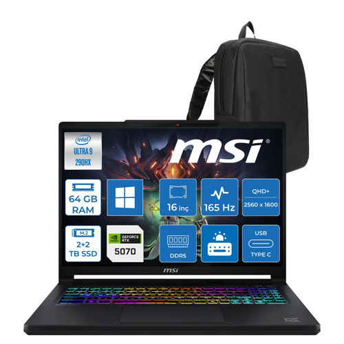 Crosshaır 16 Max Hx E2WGK-008TR Intel Core Ultra 9 290HX Plus 64GB Ddr5 2tb Ssd+2tb SSD 8GB/RTX5070 115W 16 Inç Qhd+ OLED (2560 x 1600) IPS 165Hz WINDOWS11PRO Gaming ZW008TRP30+ZETTAÇANTA