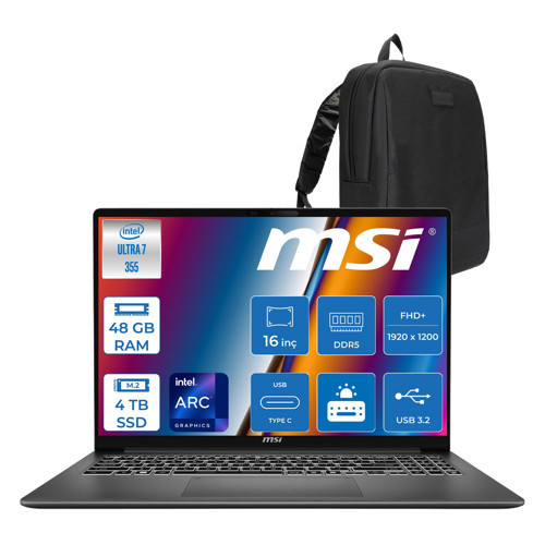 Modern 16S Aı+ G3MG Intel Core Ultra 7 355 Aı 48GB Ddr5 4tb SSD Intel Graphic 16” Fhd+ (1920x1200),120Hz IPS Freedos Taşınabilir Bilgisayar G3MGXTRF20+ZETTAÇANTA