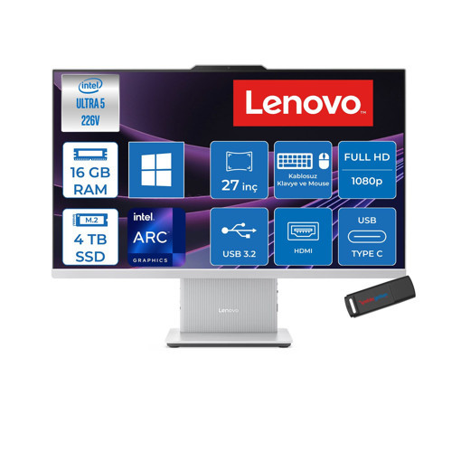 Ideacentre Aıo 27ILL11 Intel Core Ultra 5 226V Up 4,5ghz 16GB Ddr5 4tb SSD Arc™ Graphics 130V 27" Fhd IPS 300NITS Anti-Glare, 99% Srgb WIN11PRO Allınone Bilgisayar F0JW000HTRP05+ZETTAUSBBELLEK