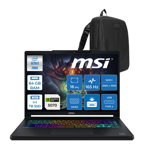 Crosshaır 16 Max Hx E2WGK-008TR Intel Core Ultra 9 290HX Plus 64GB Ddr5 1tb Ssd+1tbssd 8GB/RTX5070 115W 16 Inç Qhd+ OLED (2560 x 1600) IPS 165Hz Freedos Gaming ZW008TRF28+ZETTAÇANTA