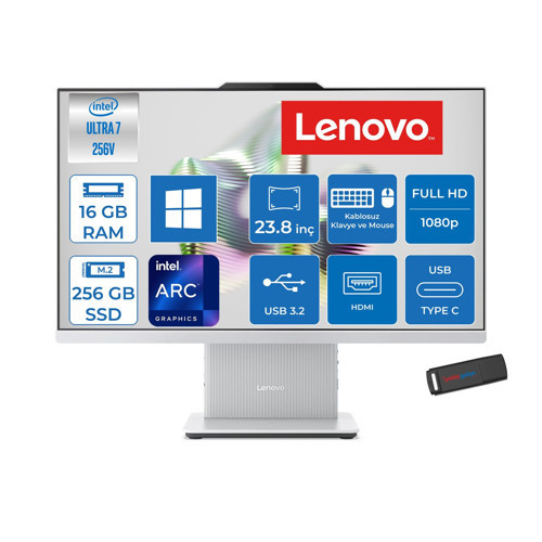 Ideacentre Aıo 24ILL11 Intel Core Ultra 7 256V Up 4.8ghz 16GB Ddr5 256GB SSD Arc™ Graphics 140V 23.8" Fhd 100Hz IPS 99% Srgb WIN11HOME Allınone Bilgisayar F0JY001ATRH01+ZETTAUSBBELLEK