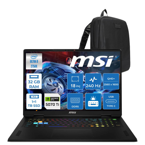 Raider 18 Hx A2WH-1094XTR Intel® Core™ Ultra 9 275HX 32GB Ddr5 1tb Ssd+1tb SSD 12GB/RTX5070Tİ 140W 18" QHD+(2560X1600), 240Hz 100% Dcı-P3 Ipsfreedos Gaming ZW1094XTRF12+ZETTAÇANTA