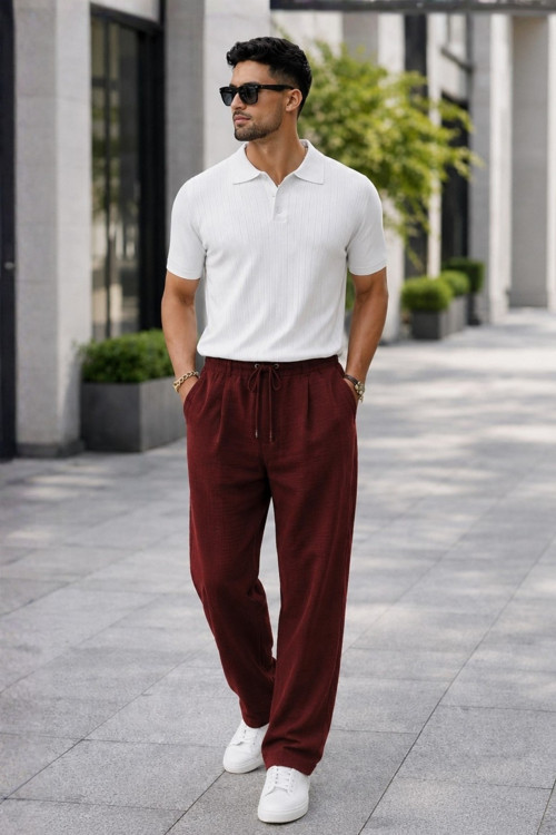 Bordo Müslin Kumaş Erkek Basic Pantolon 6507