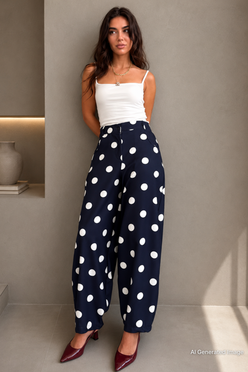 Lacivert Puantiyeli Beli Lastikli Balon Kadın Pantolon MG2886