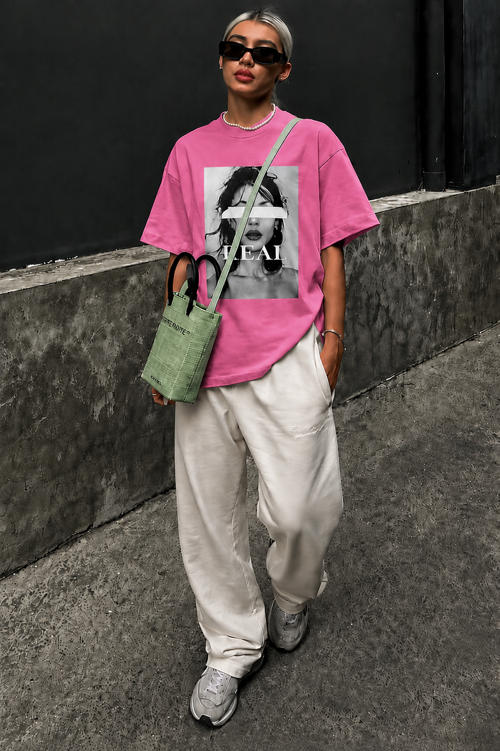 Pembe Oversize Baskılı Kadın Tişört MG1764