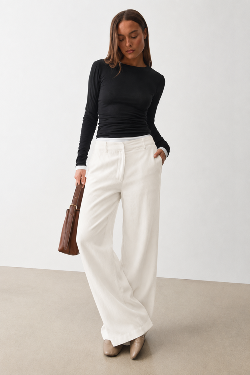 Beyaz Yüksek Bel Keten Wide Leg Pantolon MG2718