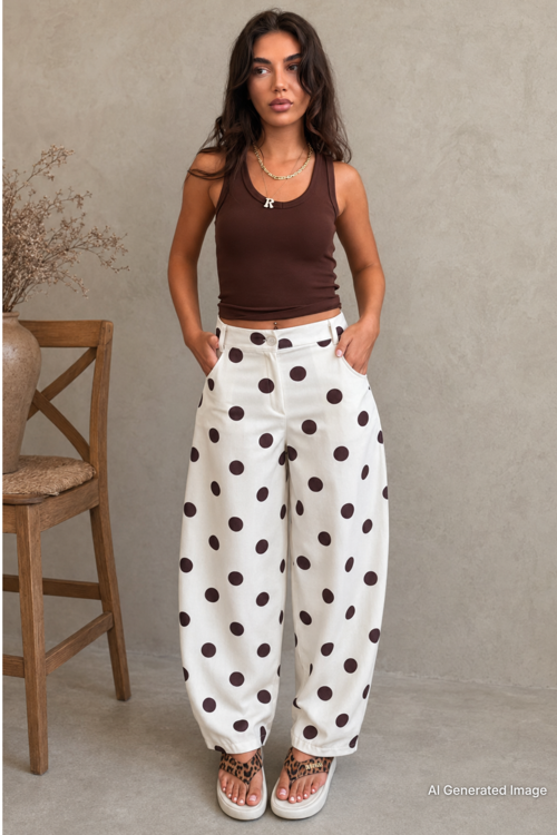 Ekru Puantiyeli Beli Lastikli Balon Kadın Pantolon MG2886