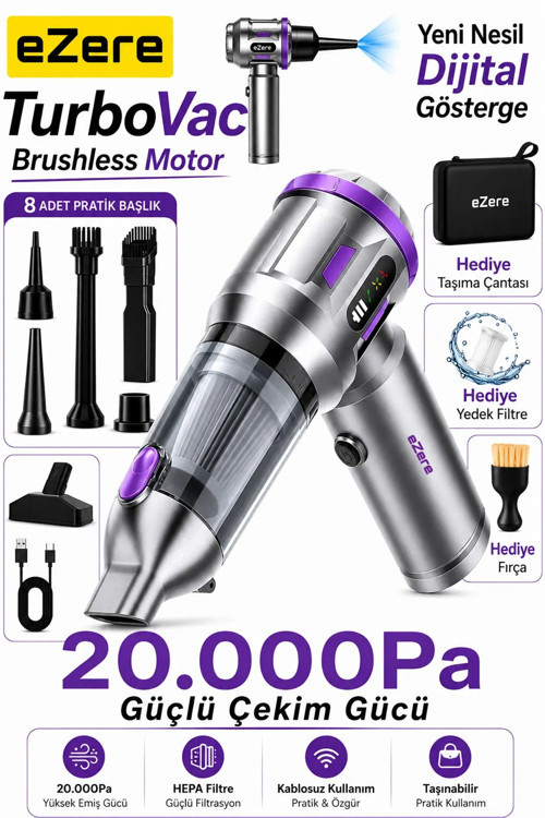 ® EZERE TurboVac 20000pa Güçlü Dijital Göstergeli Vakumlu Kablosuz Üflemeli Mini Araç Süpürge