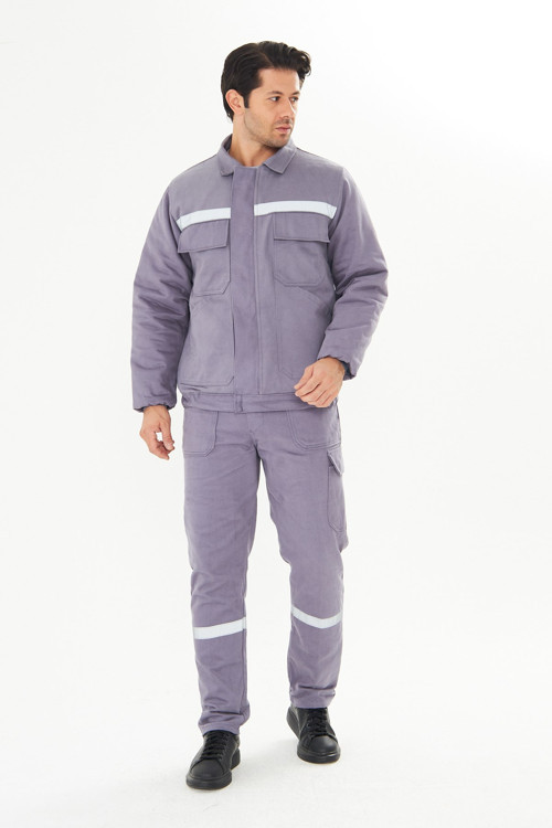 İş Takımı Mont+Pantolon 7/7 Gabardin %100 Pamuk Kapitoneli Reflektörlü Gri