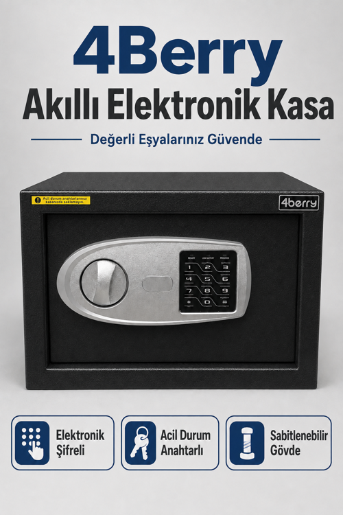 TC-002 Elektronik Şifreli Çelik Kasa – Duvar ve Zemin Montajlı, Acil Anahtarlı, 9 Litre - Siyah