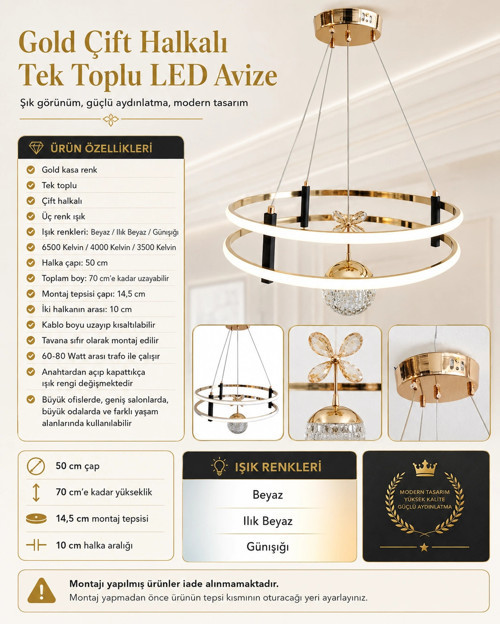 Büyük Vesta Yuvarlak Led Avize GOLD (ALTIN) Kasa Tek Toplu Üç Renk 6500k/4000k/3000k (Beyaz /I