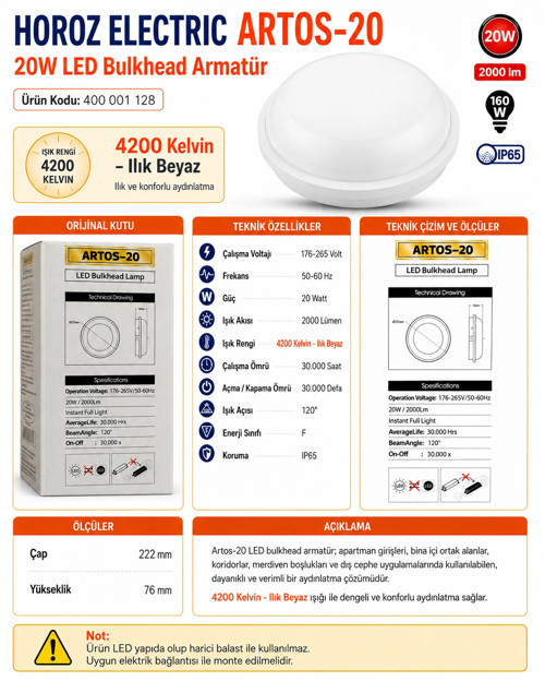 Artos-20 BEYAZ 20w 4200k Yuvarlak Glop Led Armatür IP65 Pastik Beyaz Kasa Günışığı Işık (Sıva