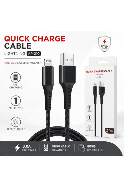 AP-210 Quick Charge Cable 3A Usb to Lightning Hızlı Şarj Kablosu 1 Metre ios Kablo Fast Charging