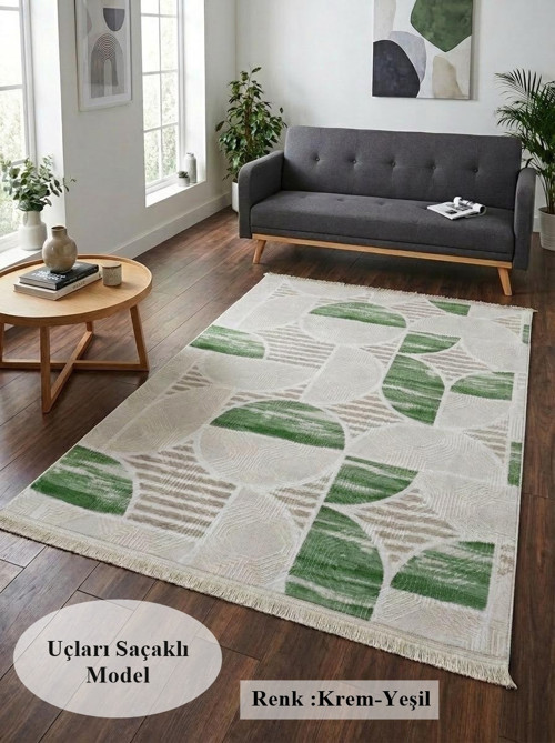 Dinarsu Krem Yeşil Saçaklı Modern Yıkanabilir Kabartmalı Kaymaz Taban Kesme Halı Yolluk