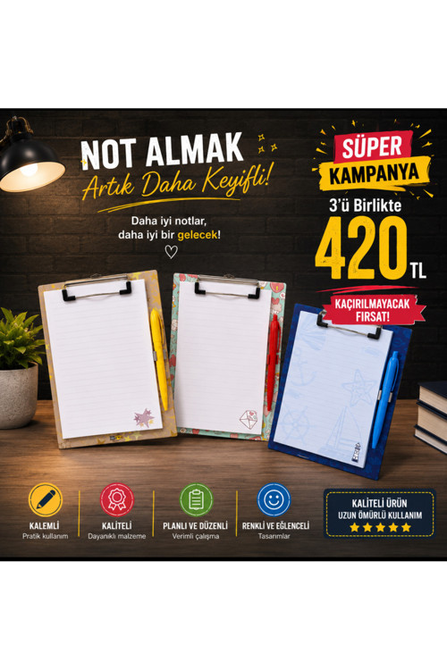 Sekreterlik/Sekreter Tablası/Kıskaçlı Bloknot/Kalemli Notluk (3 Adet Set)