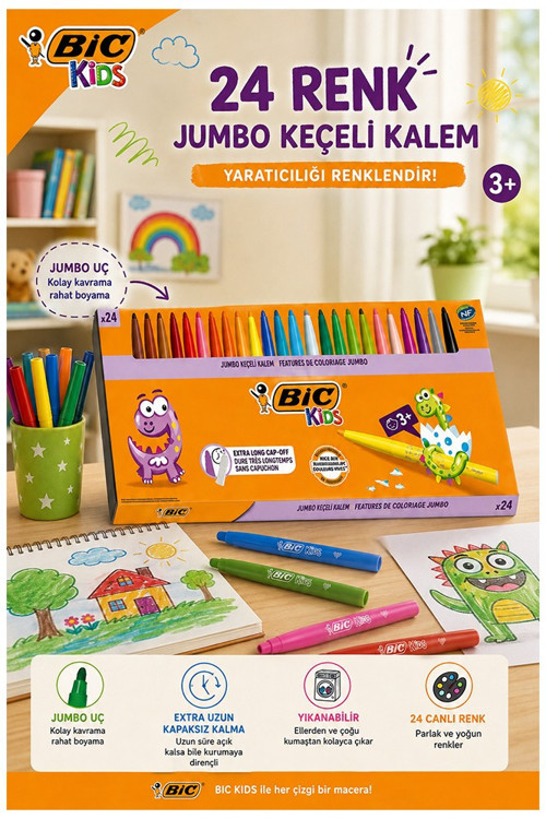 24 Renk Keçeli Boya Kalemi 1 Paket Bic Visacolor Xl 24 lü Keçeli Kalem Okul Öncesi Sınıf Resim Dersi
