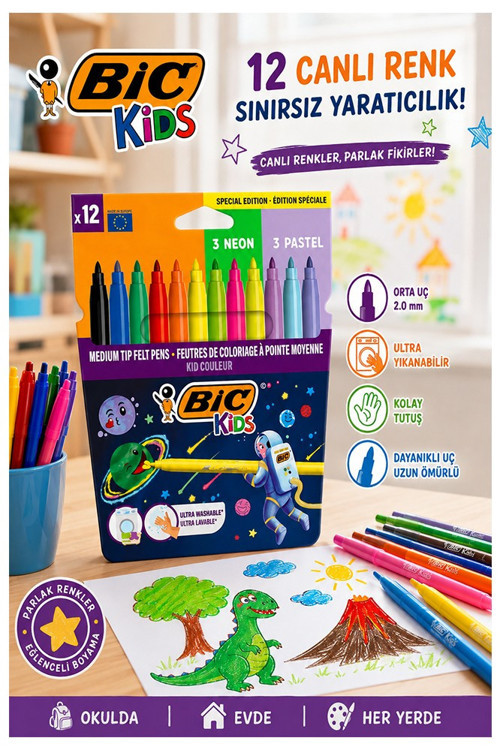 Keçeli Kalem 12 Renk 1 Paket Bic Couleur 12 li Keçeli Kalem Canlı Renkler Pastel Ve Neon Renkler Yıkanabilir Kaliteli